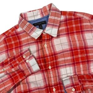 Banana Republic Shirt Mens M Red White Plaid Slim Fit Linen Blend Button Down